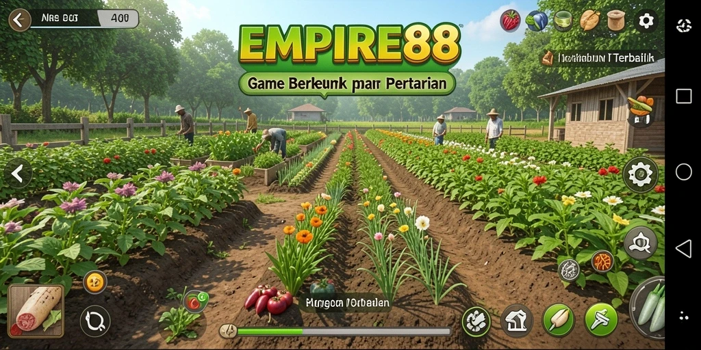 Screenshot gameplay EMPIRE88 menampilkan kebun yang indah dan tanaman yang subur.