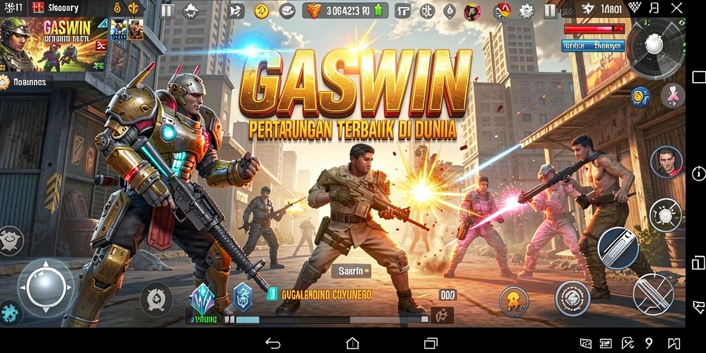 Screenshot GASWIN menampilkan pertarungan yang intens dan karakter menarik.