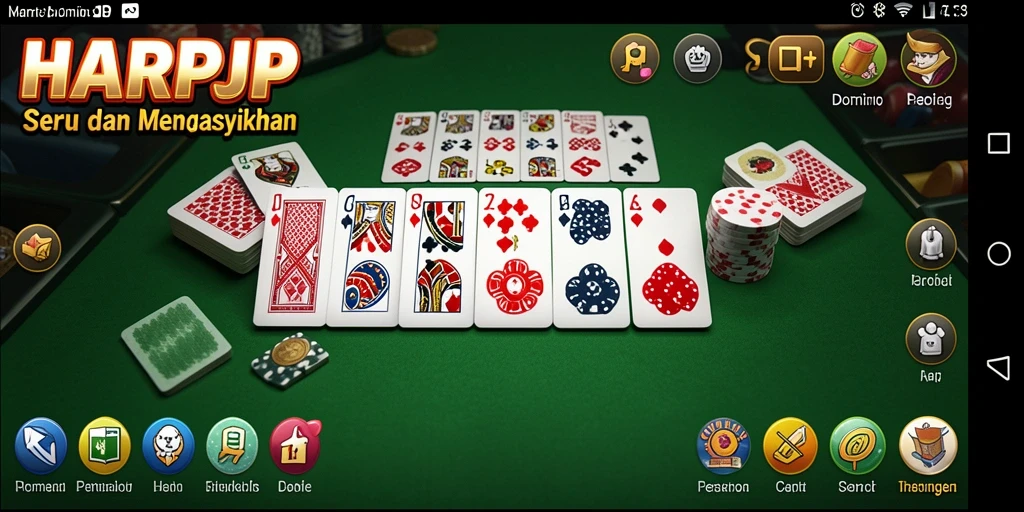Tampilan gameplay seru dalam HARAPJP dengan pemain yang beraksi di meja domino.
