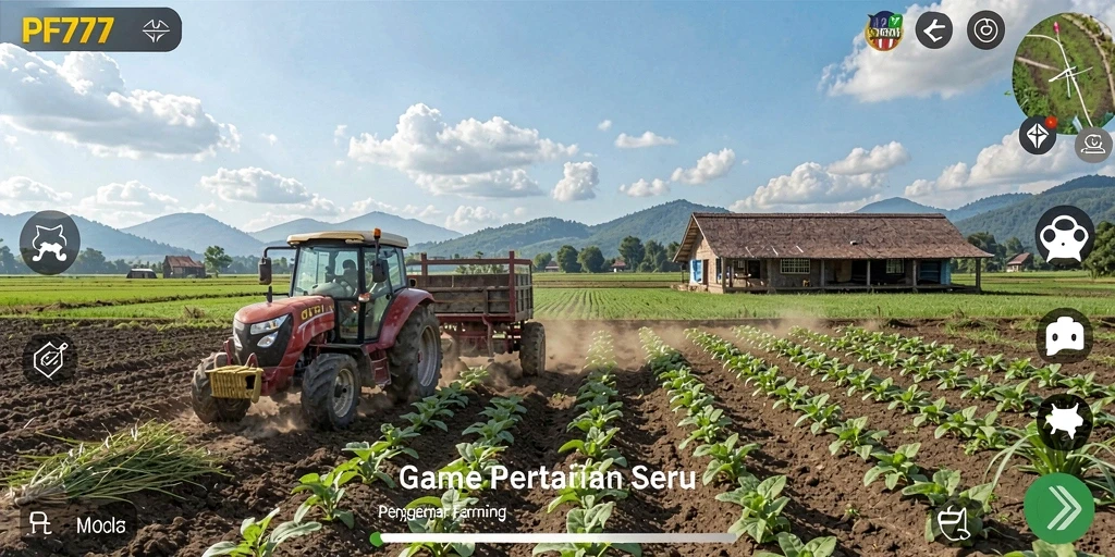 Screenshot gameplay PF777 menampilkan ladang subur dengan berbagai tanaman.