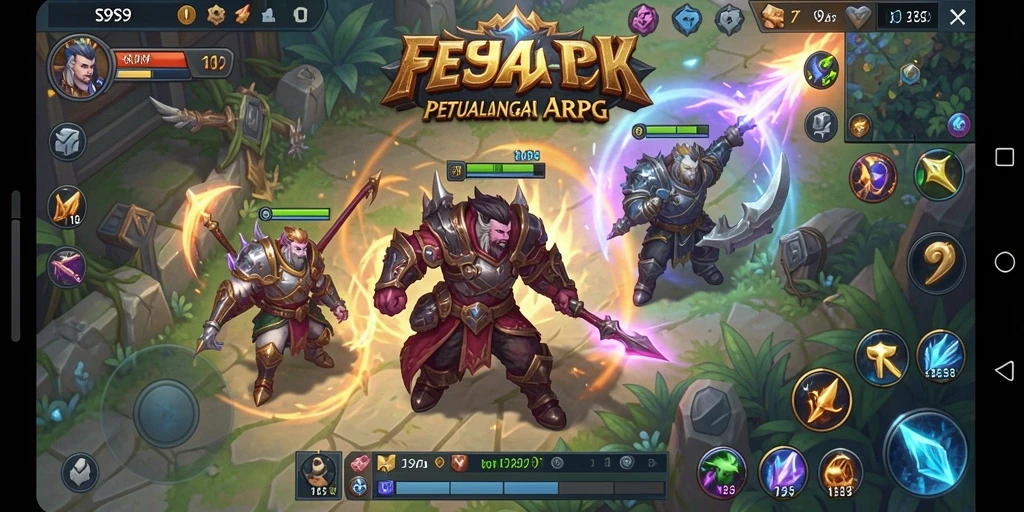 Screenshot gameplay S9S9 menampilkan pertarungan epik dalam dunia fantasi.